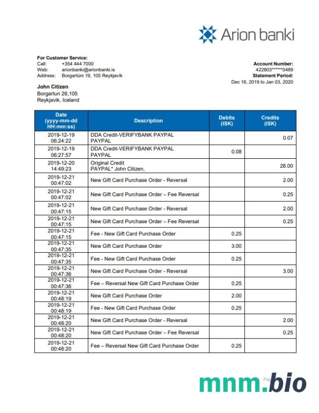 Wyciąg bankowy Islandia Arion łatwy do wypełnienia szablon .xls i .format pliku pdf